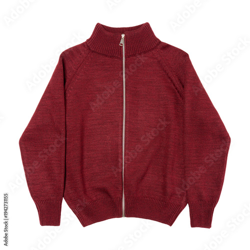 Burgundy red knitted cardigan with a full-length silver zipper and high neck collar. Classic warm autumn winter apparel for men or women, isolated on white background	
