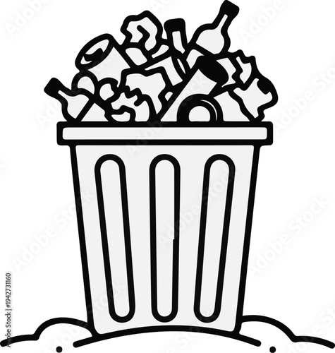 Bin overflowing with waste, including bottles and crumpled items