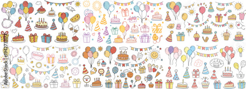 Colorful birthday celebration elements featuring cakes, balloons, gifts, and fun decorations.