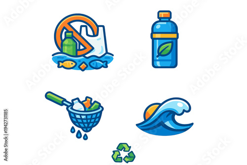 Ocean pollution and conservation icons