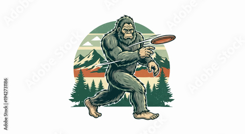 Bigfoot playing frisbee in a retro mountain landscape