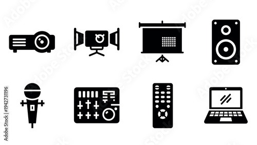 Vector set of media and audio equipment icons in bold black silhouette style