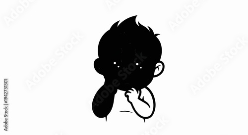 Black and white cartoon child with hand near face and white eyes
