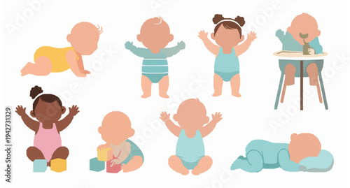 Cute baby milestone cartoon vector collection infant activity clipart set
