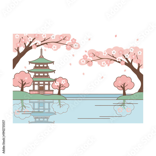 Traditional Japanese Pagoda Temple Amidst Cherry Blossoms.