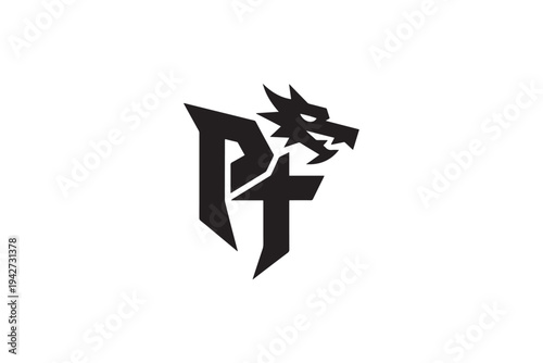 Distinctive pf logo design featuring a fierce dragon head symbol