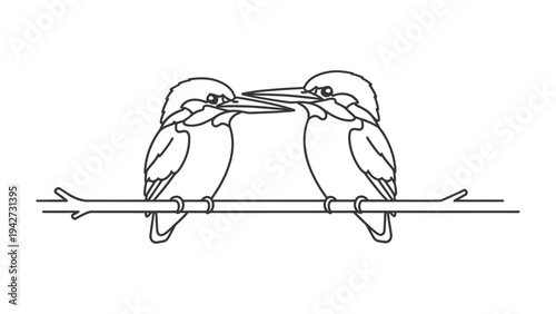 Birds Sharing a Moment: Two birds perched on a slender branch share a moment of affection, their beaks gently touching in a gesture of unity, showcasing a minimalist design.
