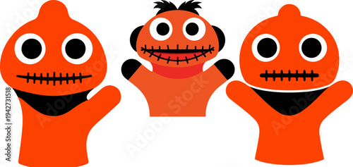 Set of 3 Orange and Black Hand Puppet Vector Illustrations with Stitched Mouths and Round Eyes for Children's Entertainment