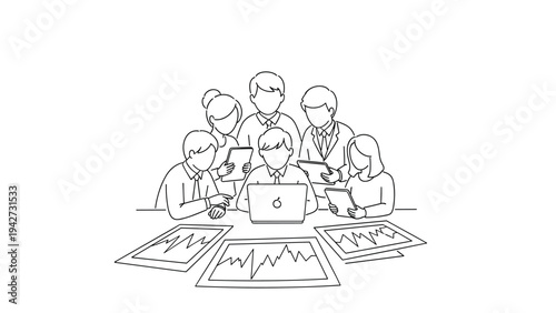 Team collaboration with technology in linear art style