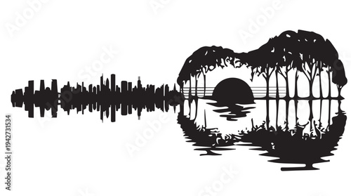 Guitar shape silhouette with cityscape and forest reflecting in water
