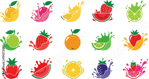 Set of 15 Vibrant Fruit Splash Vector Icons for Juice, Smoothie, and Healthy Drink Branding, Featuring Apple, Strawberry, Orange, Watermelon, and Lime Designs