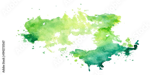 Abstract watercolor background featuring green ink splashes and artistic paint splatters on a textured paper design with colorful grunge stains and decorative vector blobs