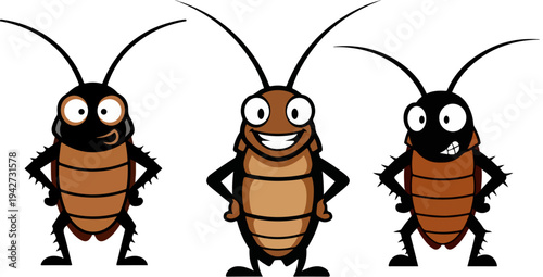 Set of 3 Cartoon Cockroaches Vector Illustration with Different Funny Expressions for Pest Control, Hygiene, or Humorous Content