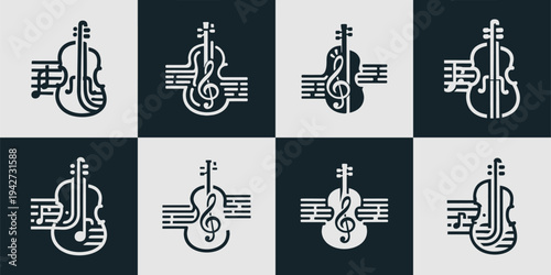 Icon Set Vector of 8 Violin and Music Staff Logo Symbols