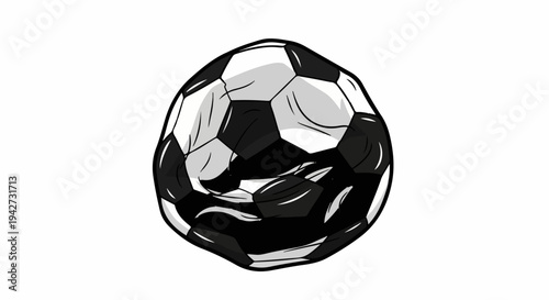 Black and white illustrated soccer ball with curved, shaded panels and thick outlines