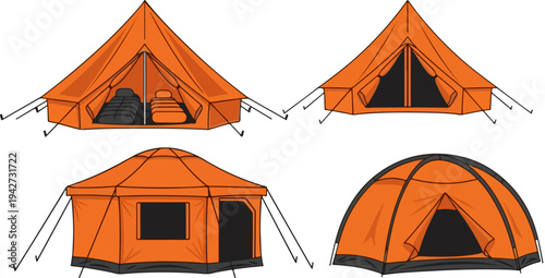 Set of 4 Orange Camping Tents Vector Illustrations for Outdoor Adventure, Hiking, and Travel Graphics, Featuring Various Tent Styles and Designs