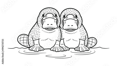 Two platypuses in Ink: A delightful ink drawing of two platypuses, capturing their unique features and quirky charm with precision.