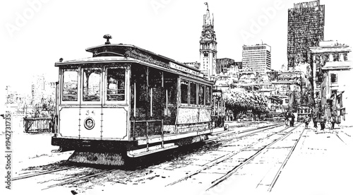 San Francisco cable car illustration on a white background. This vector illustration can be used in any size you like for advertising, logos, and other work.
