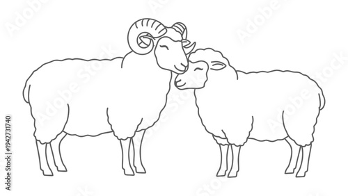 Loving Ram and Ewe: A charming illustration depicts a tender moment of affection between a majestic ram with impressive horns and a gentle ewe, creating a feeling of harmony.