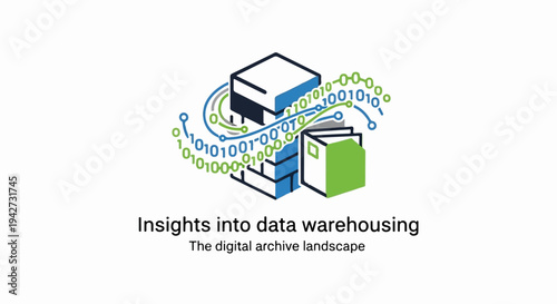 Abstract representation of data warehousing with binary code and stacked blocks