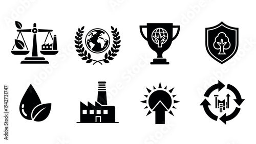 Environmental and industrial icons set featuring sustainability and conservation elements