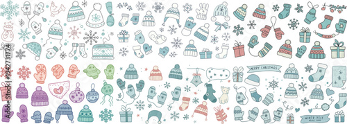 Colorful Christmas-themed doodles featuring hats, mittens, gifts, and snowflakes in a festive arrangement.