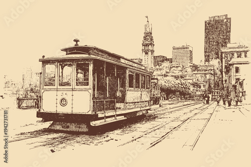 San Francisco cable car illustration in a vintage style. This vector illustration can be used in any size you like for advertising, logos, and other work.