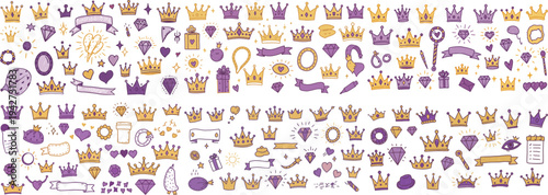 Colorful collection of crowns, diamonds, and regal symbols in purple and gold tones.