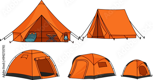 Set of 5 orange camping tents vector illustrations, featuring various styles from large bell tents to small dome tents, perfect for outdoor adventure and travel designs.