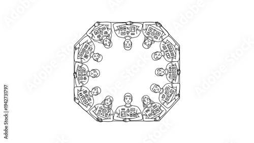 Linear team collaboration concept with eight professionals at round table