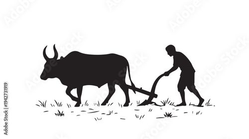 Farmer plowing field with ox and plow, traditional agriculture scene