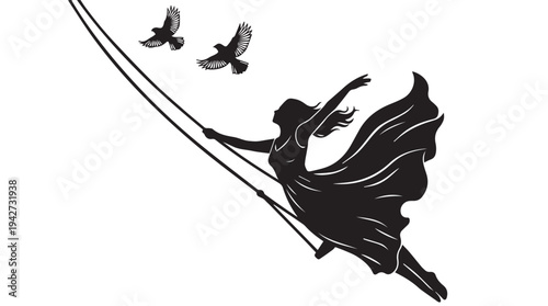 Woman in flowing dress swinging high with birds flying above, symbolizing freedom and joy
