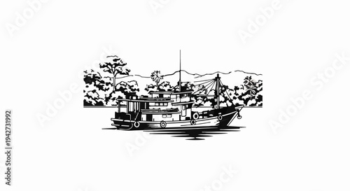 Black and white illustration of a fishing boat docked near a tropical coastline