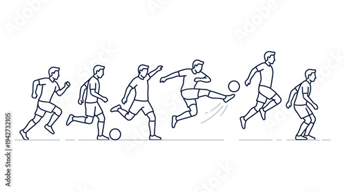 Illustrated sequence of a male soccer player performing a powerful kick, demonstrating athletic movement, agility, and the progression of sports performance