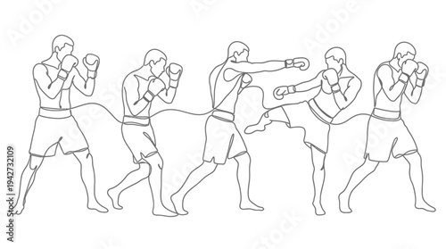 Sequence of boxing moves illustrating a fighter's dynamic sequence of punches and kicks in a martial arts sequence