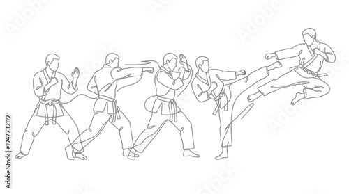 Sequence of a martial artist performing a karate kick in a dynamic line art illustration