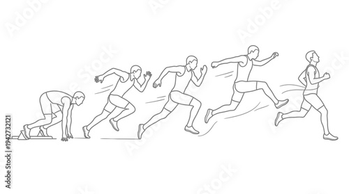 Dynamic multi-pose illustration of an athlete sprinting, capturing the powerful progression from starting blocks to full running stride, demonstrating speed and motion