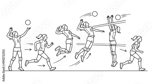 Illustration depicting the sequential actions of a female volleyball player in various dynamic poses during a game