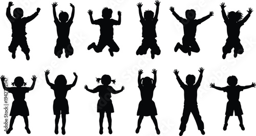 Vector collection of twelve happy children silhouettes jumping and cheering in various active poses isolated on white background for school and play