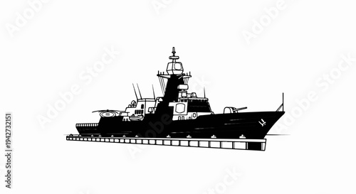 Black and white illustration of a military vessel with a helicopter pad and cannons