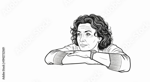 Black and white illustration of a middle-aged woman with curly hair resting her chin on crossed arms
