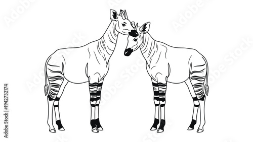 Okapi Bond: Two okapis stand nose-to-nose, symbolizing unity, love, and connection. Depicting a gentle scene filled with endearment and the bond of companionship.