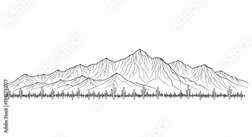 Black and white illustration of a mountain range with saguaro cacti