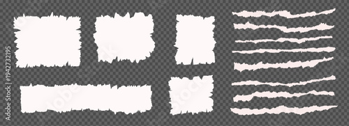 Torn sheets pieces of paper stripes torn edge set. Ripped collage set of shapes transparent background. Ripped heart, oval, rectangle clip art. Ripped paper note border grunge brush stroke