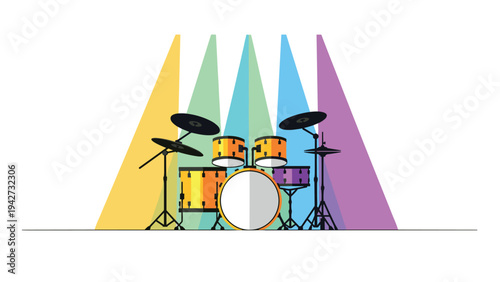Colorful drum set with spotlight in minimalist style for music concepts