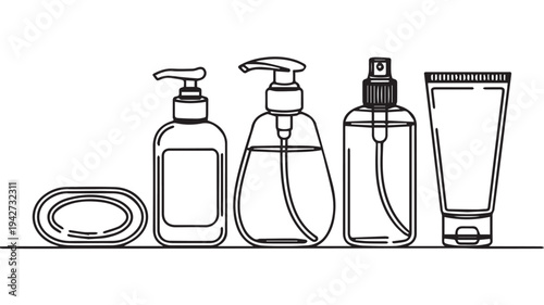 Collection of toiletries and personal hygiene products: soap bar, lotion dispenser, spray bottle, and tube