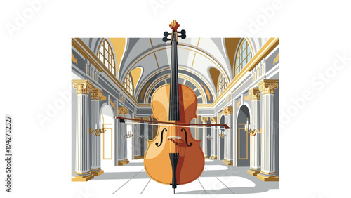 Majestic cello in ornate classical hallway with grand columns and arched windows