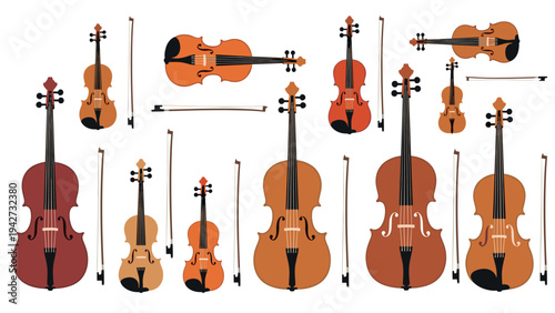 Elegant string instruments collection: artistic flat design of violins, cellos, violas