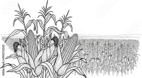 Black and white illustration of corn stalks and cobs in a vast field