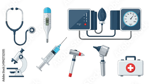 Medical equipment essentials: comprehensive set of flat healthcare tools in vector graphics